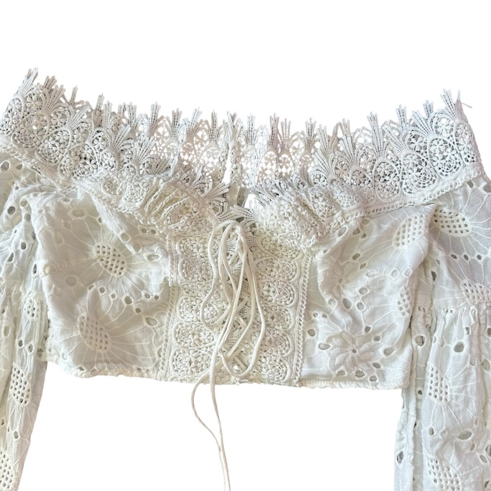 Blue Blush Off the Shoulder White Eyelet Lace Cropped Long Sleeved Blouse S